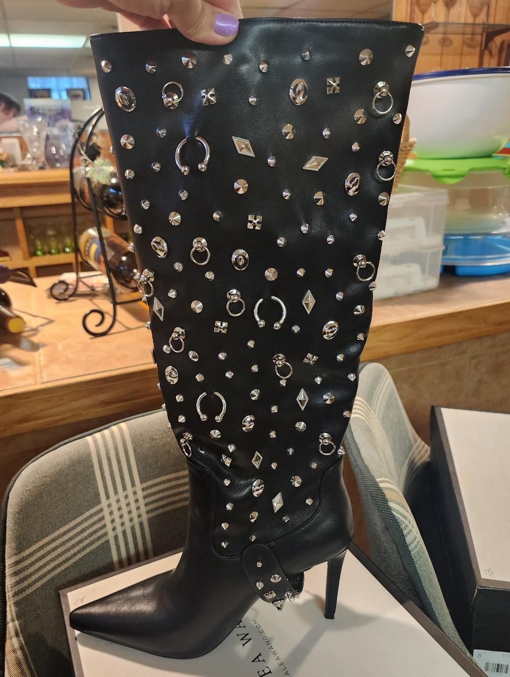 Black Studded Knee-High Stiletto Boot
